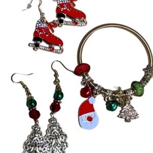 Christmas Jewelry, Lot of 3, Charm Bracelet, Dangle Earrings, Ice Skates, Santa